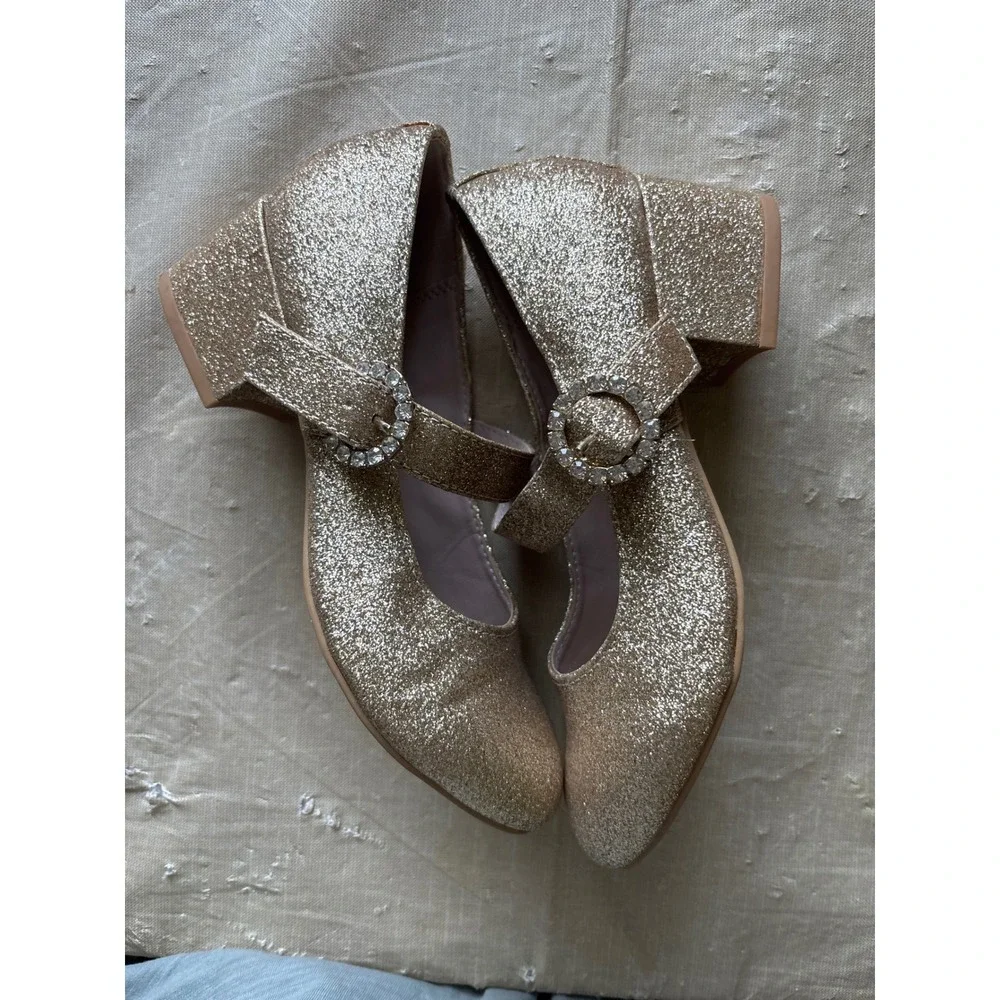 Nina Mary Jane Shoes Girls 2 Gold Excellent Glitter Rhinestone Block Heel